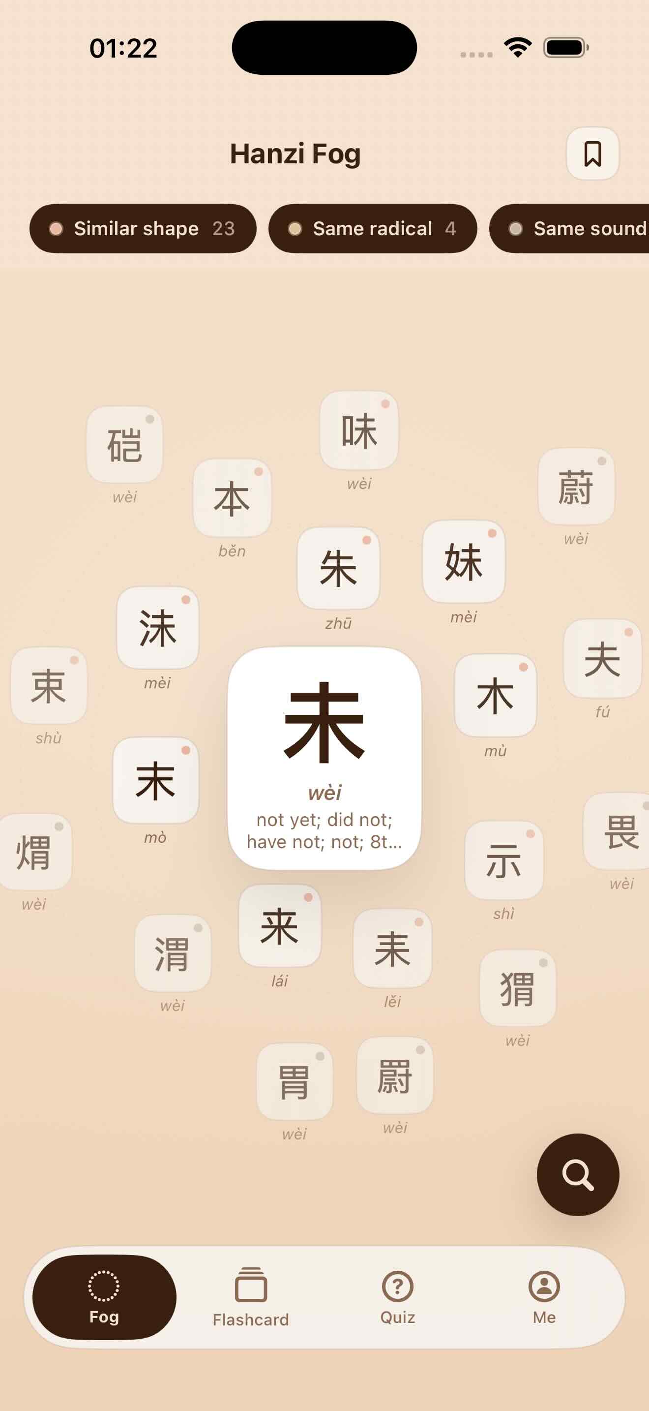 Hanzi Fog showing visually related Chinese characters around 未